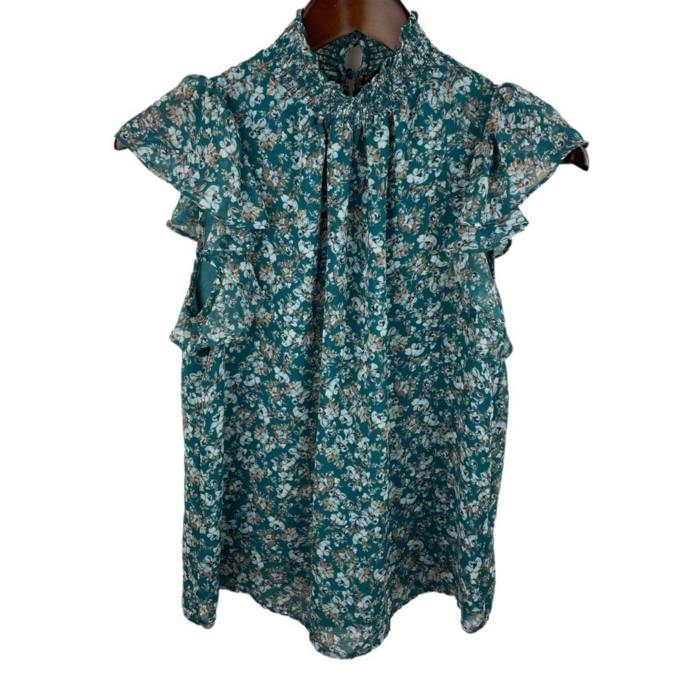 1.State | Green Floral High Neck Chiffon Top